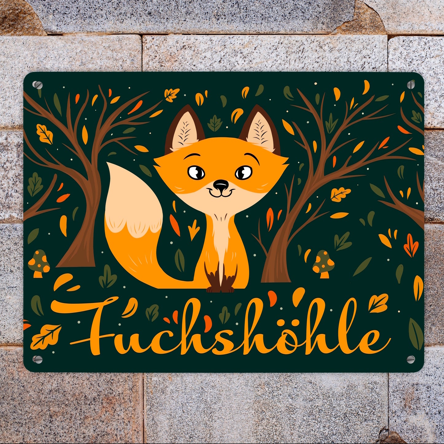 Metallschild XL in 21x28 cm mit niedlichem Fuchs im Wald und Herbst Motiven - Fuchshöhle