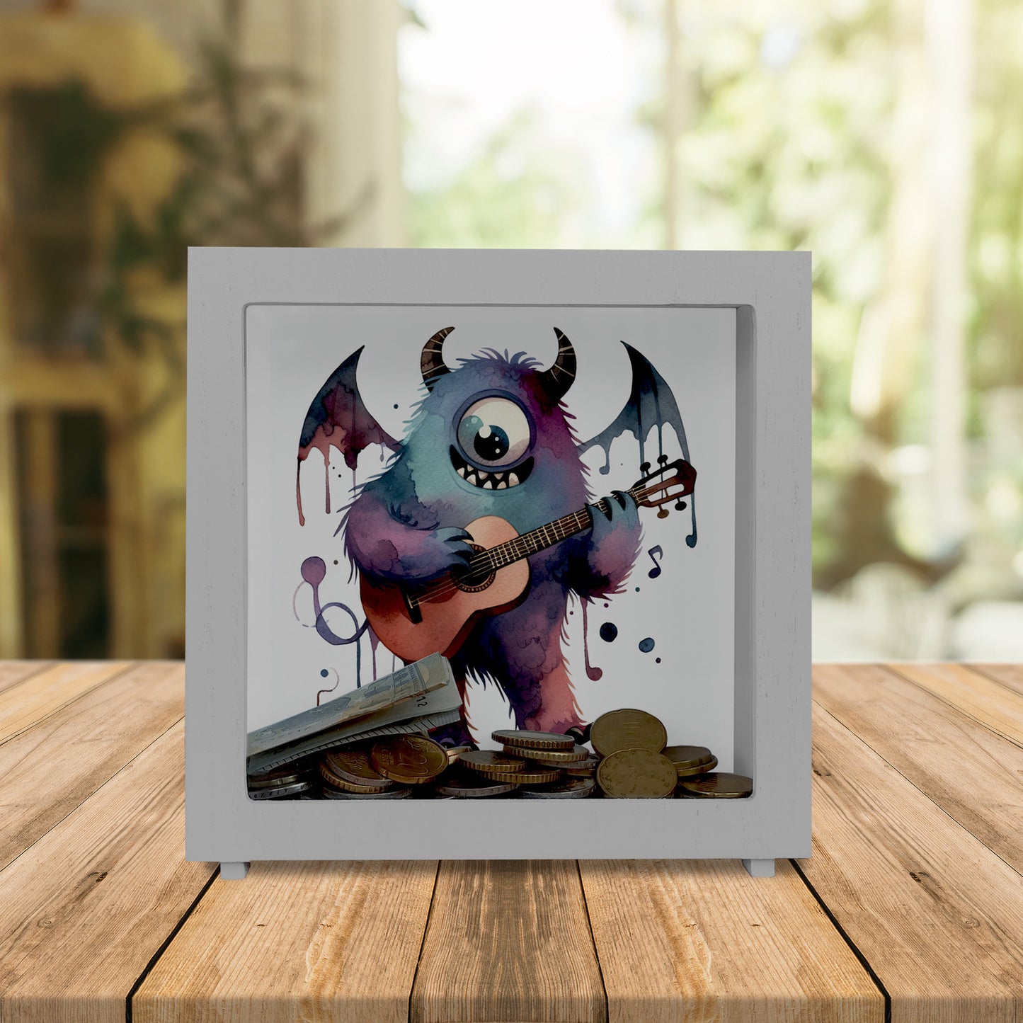 Freches Monster mit Gitarre Rahmen Spardose aus Holz