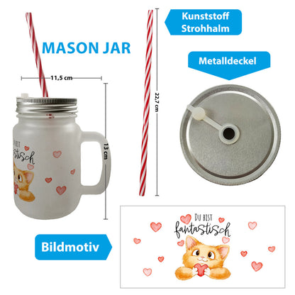 Orange Katze Mason Jar Henkel Trinkglas mit Deckel mit Spruch Du bist fantastisch