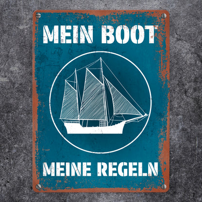 Mein Boot meine Regeln Metallschild in 15x20 cm mit Rostoptik in blau