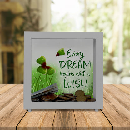 Every dream begins with a wish Kleeblatt Rahmen Spardose aus Holz