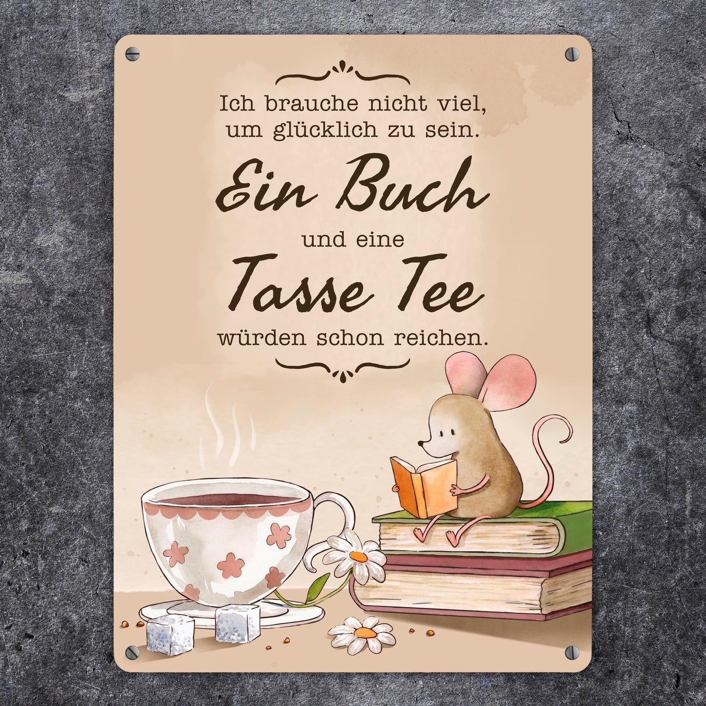 Maus mit Buch Metallschild XL in 21x28 cm mit Spruch Buch und Tee machen mich glücklich