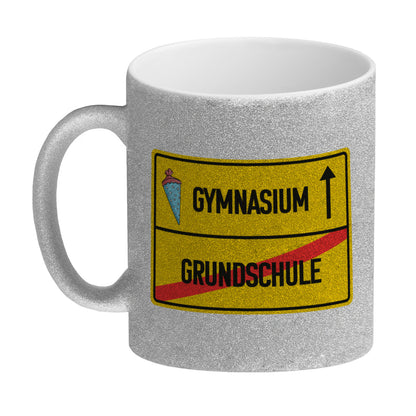 Gymnasium Ortsschild Glitzer-Kaffeebecher zur Einschulung