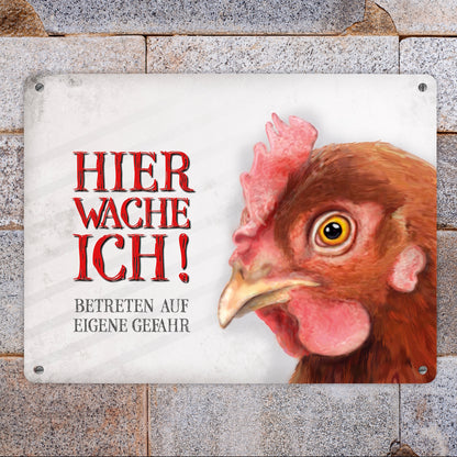 Metallschild XL mit Huhn Motiv und Spruch: Betreten auf eigene Gefahr ...