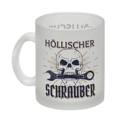 Höllischer Schrauber Glas Tasse mit Totenkopf und Schraubenschlüssel Motiv