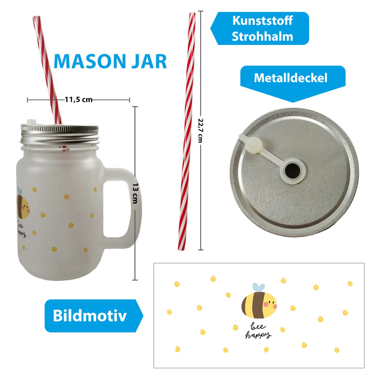 Bee happy Mason Jar Henkel Trinkglas mit Deckel mit dicker Biene