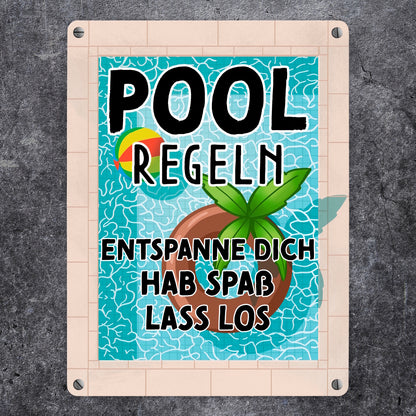 Poolregeln für Poolbesitzer Metallschild in 15x20 cm mit Schwimmring