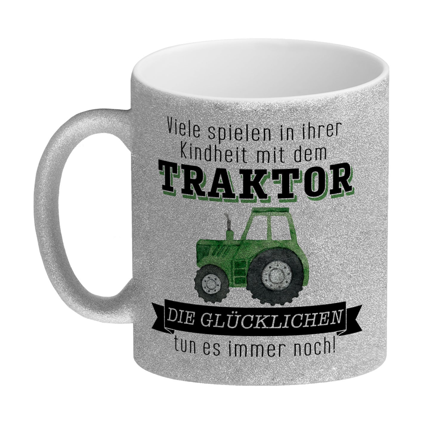 Traktor Glitzer-Kaffeebecher mit Spruch Kindheitsträume - Für immer Traktor fahren