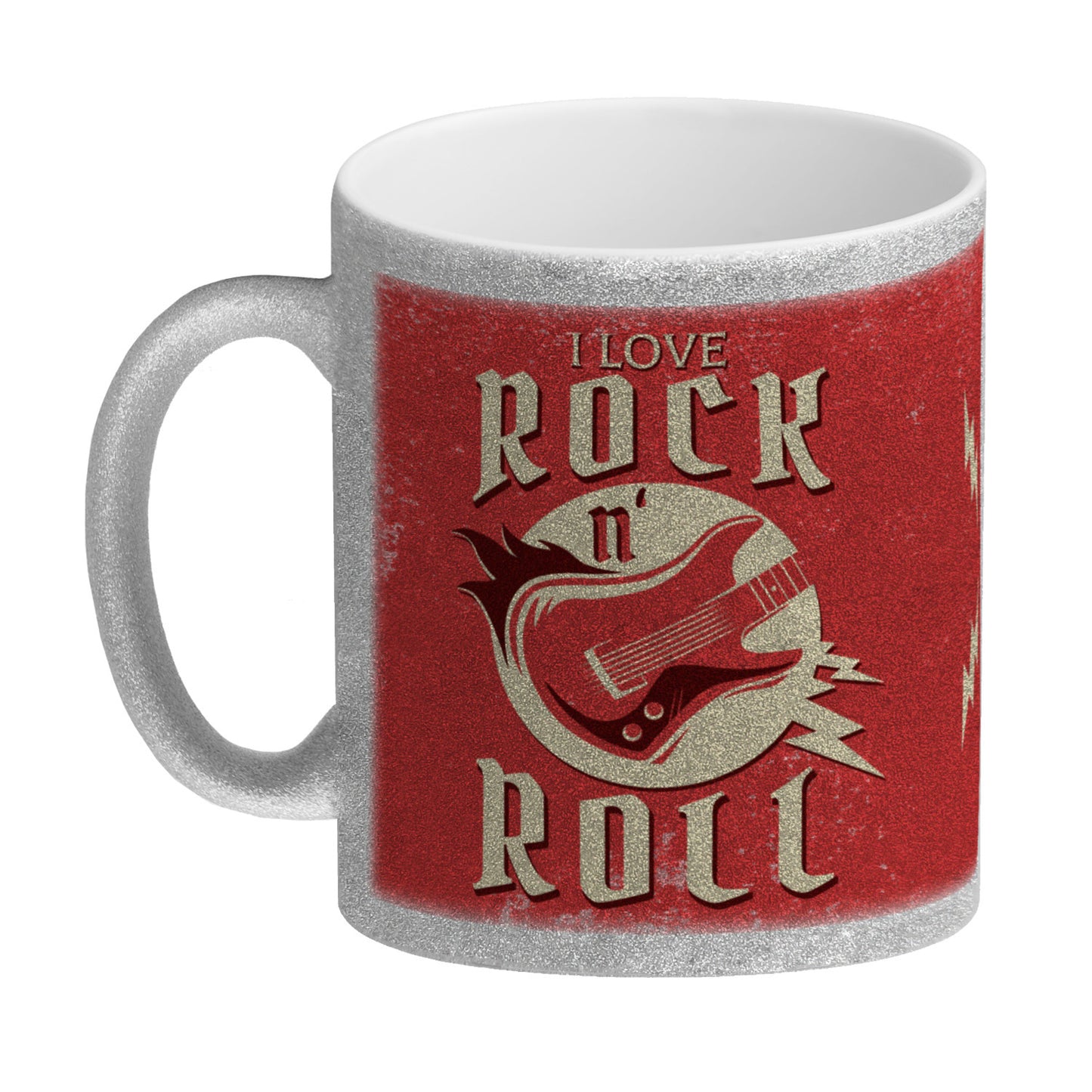 I Love Rock 'n' Roll Glitzer-Kaffeebecher mit Gitarren Motiv