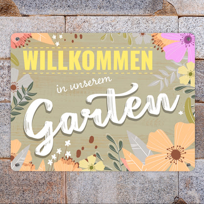 Willkommen in unserem Garten Metallschild XL mit Blumenmustern