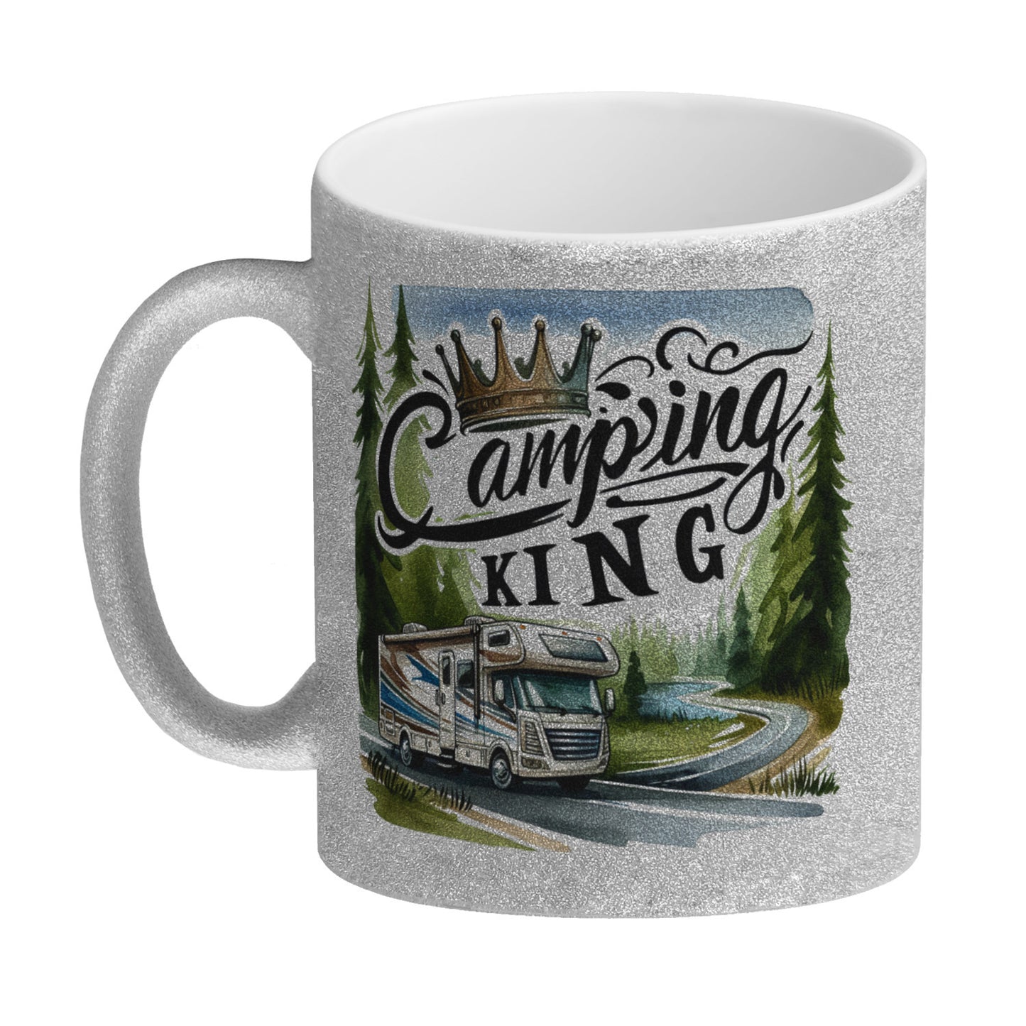 Camping King mit Wohnmobil Glitzer-Kaffeebecher