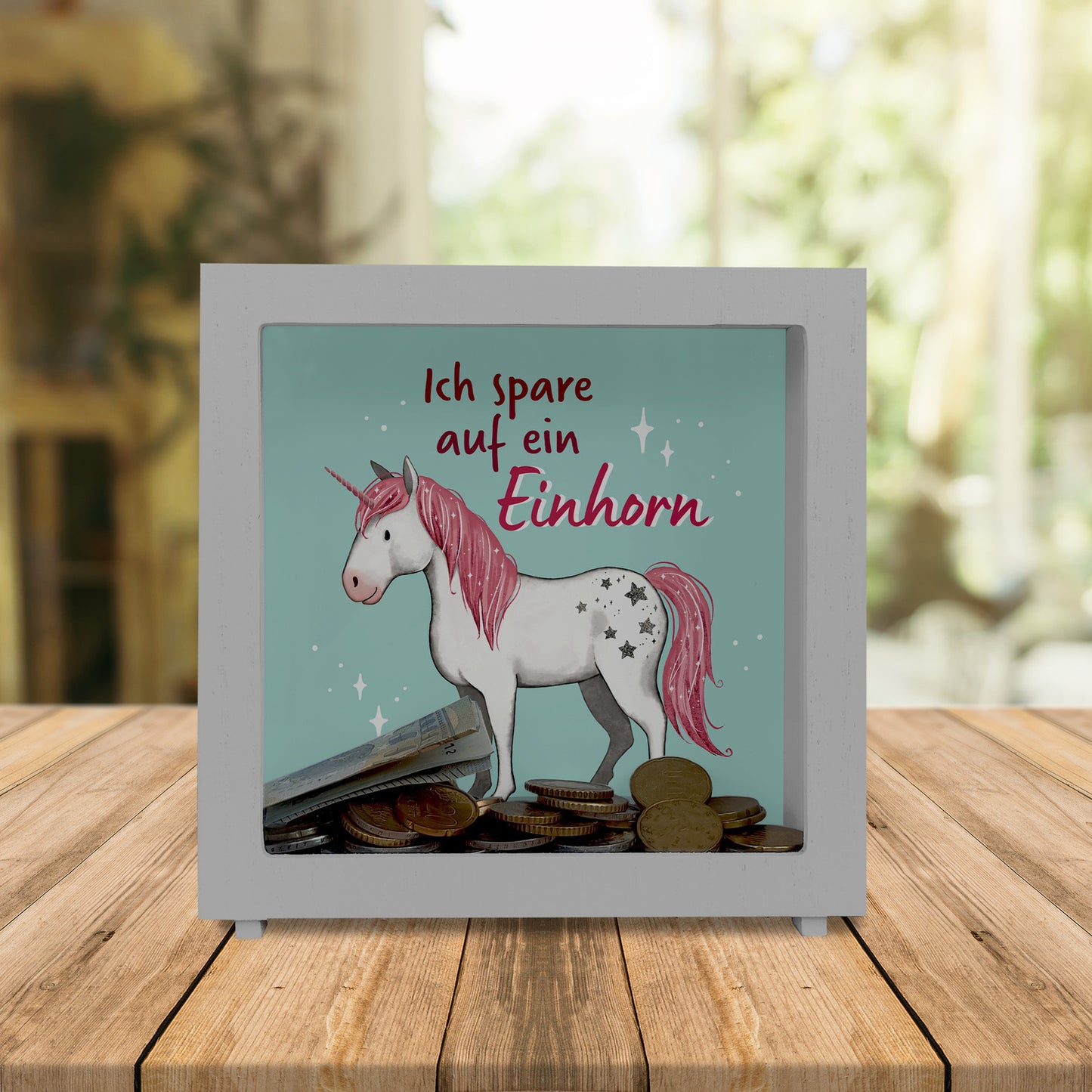 Einhorn Rahmen Spardose aus Holz in mintgrün mit Spruch Ich spare auf ein Einhorn