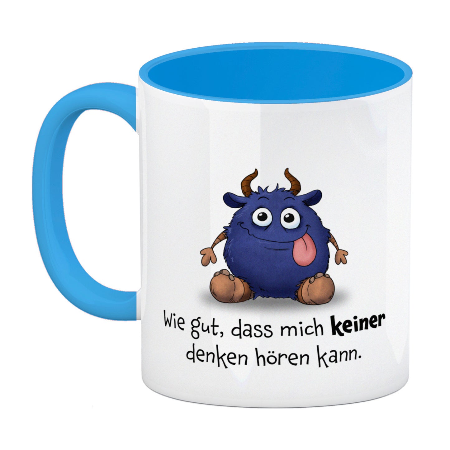 Freches Monster in dunkelblau Kaffeebecher in hellblau mit lustigem Spruch