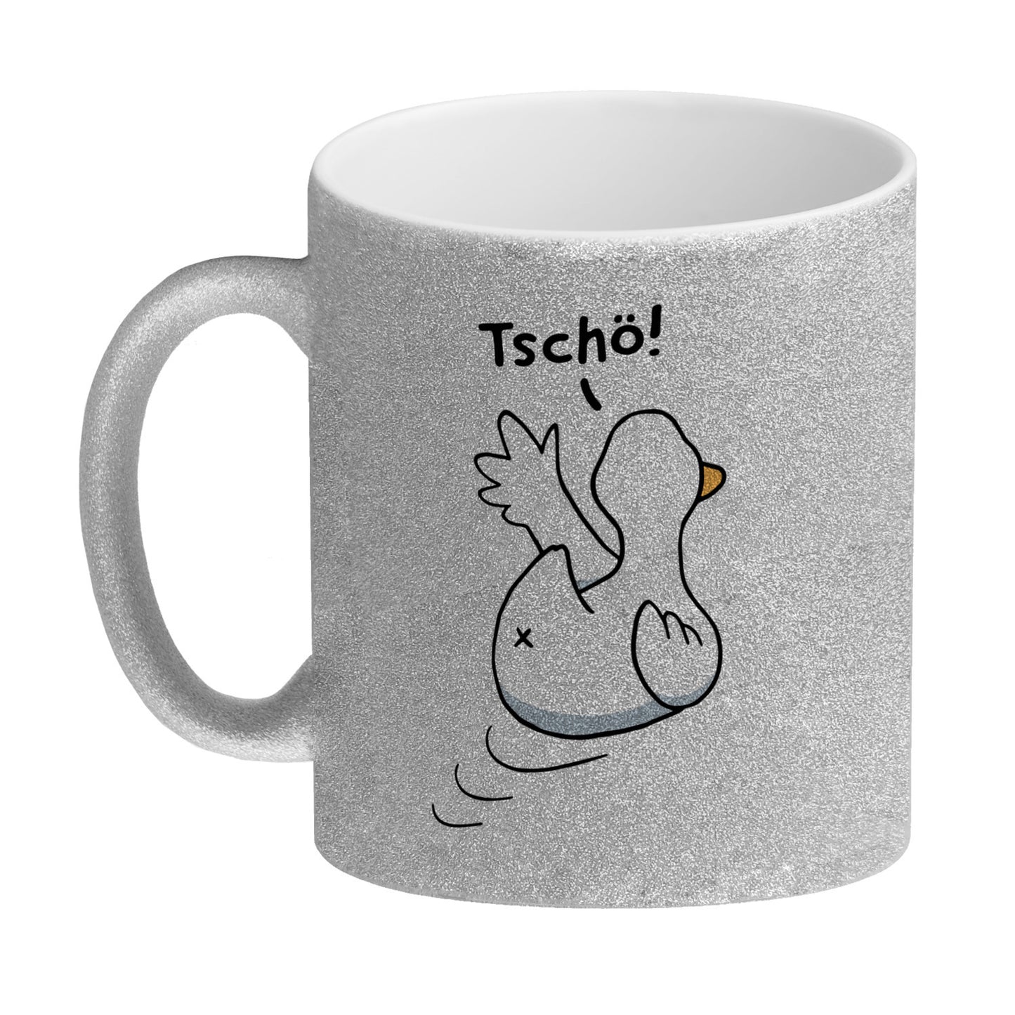 Ente winkt zum Abschied Glitzer-Kaffeebecher mit Spruch Tschö