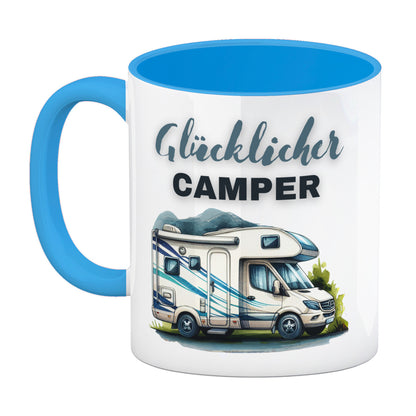 Wohnmobil Kaffeebecher in hellblau mit Spruch Glücklicher Camper