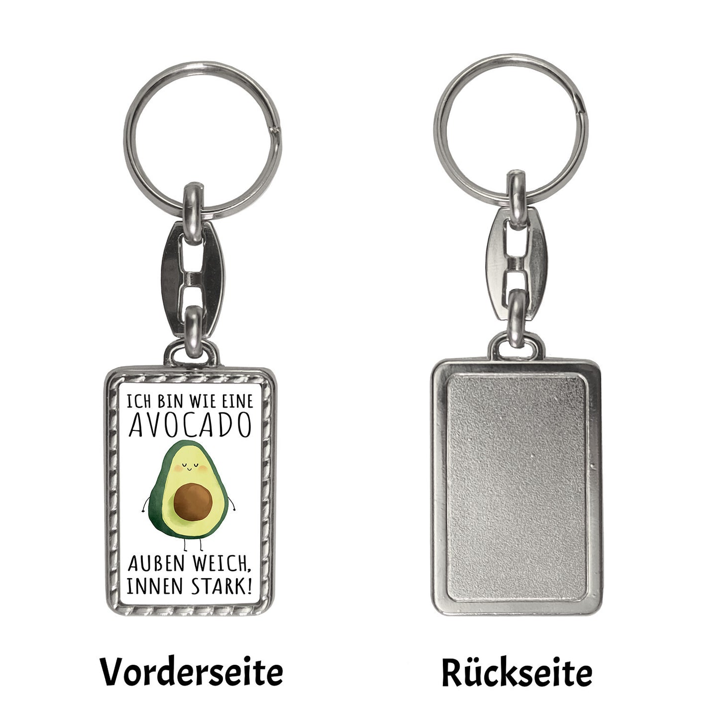 Avocado Schlüsselanhänger mit Bordüre mit Spruch Wie Avocado außen weich innen stark