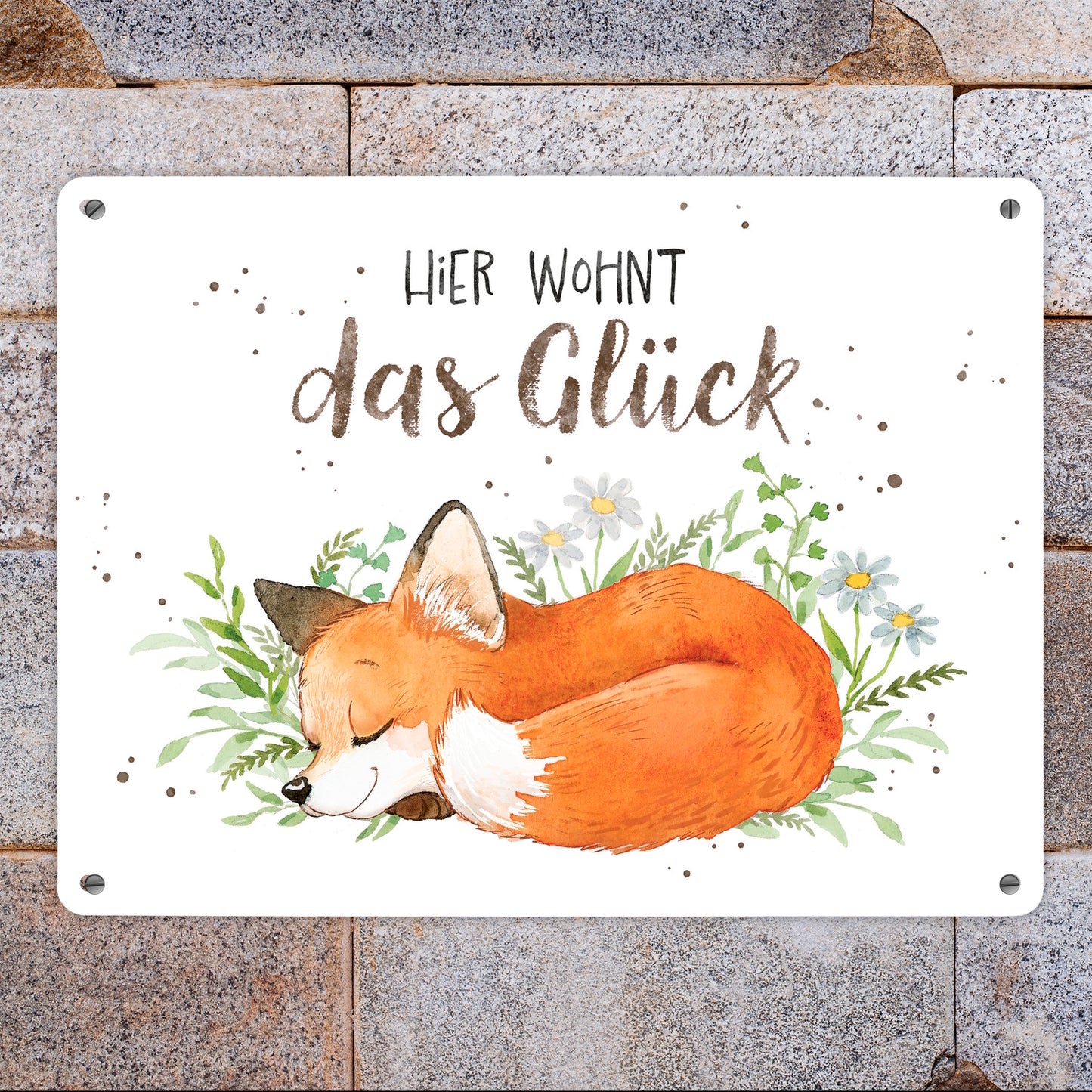 Fuchs Metallschild XL in 21x28 cm in weiß mit Spruch Hier wohnt das Glück