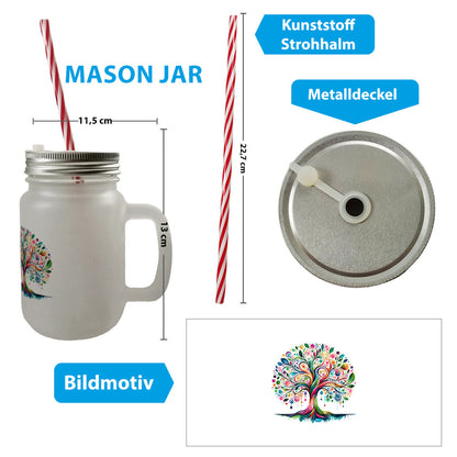 Lebensbaum Mason Jar Henkel Trinkglas mit Deckel