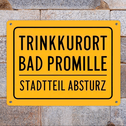 Trinkkurort BAD PROMILLE Metallschild XL in 21x28 cm - Stadtteil Absturz