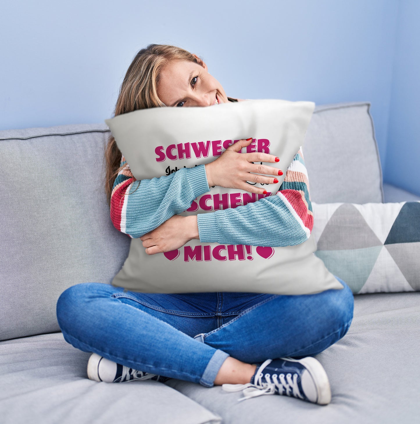 Kuschelkissen mit Spruch Schwester ich habe versucht das beste Geschenk zu finden