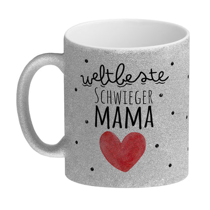 Schwiegermutter Glitzer-Kaffeebecher mit Spruch Weltbeste Schwiegermama