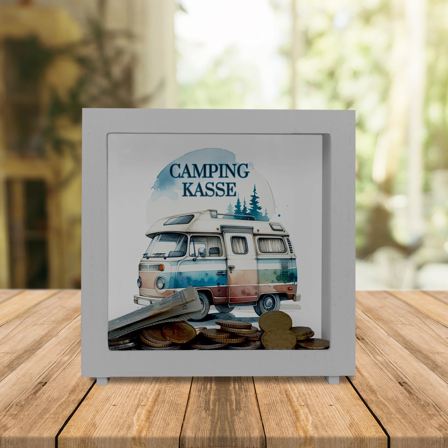 Campingwagen Rahmen Spardose aus Holz mit Spruch Campingkasse