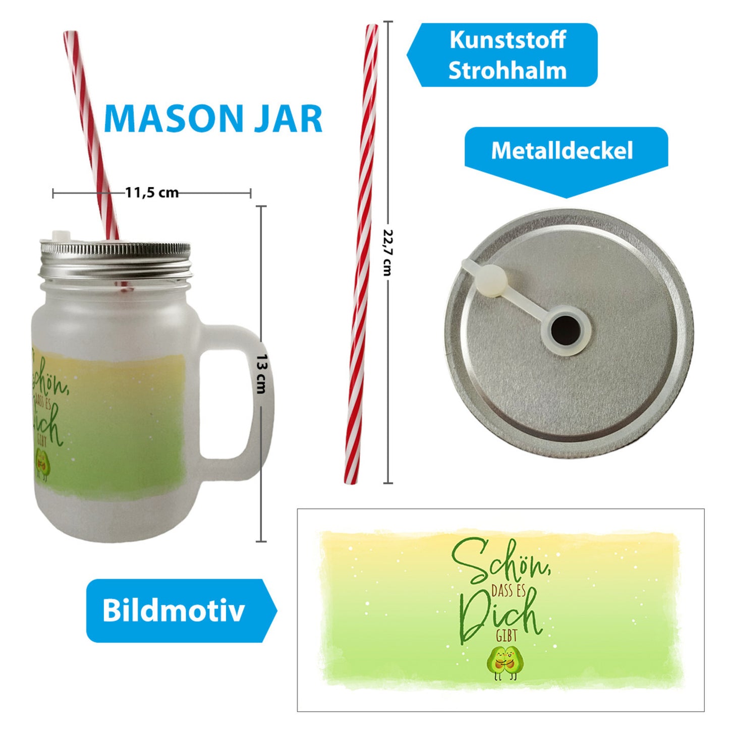 Schön dass es dich gibt Mason Jar Henkel Trinkglas mit Deckel mit Spruch