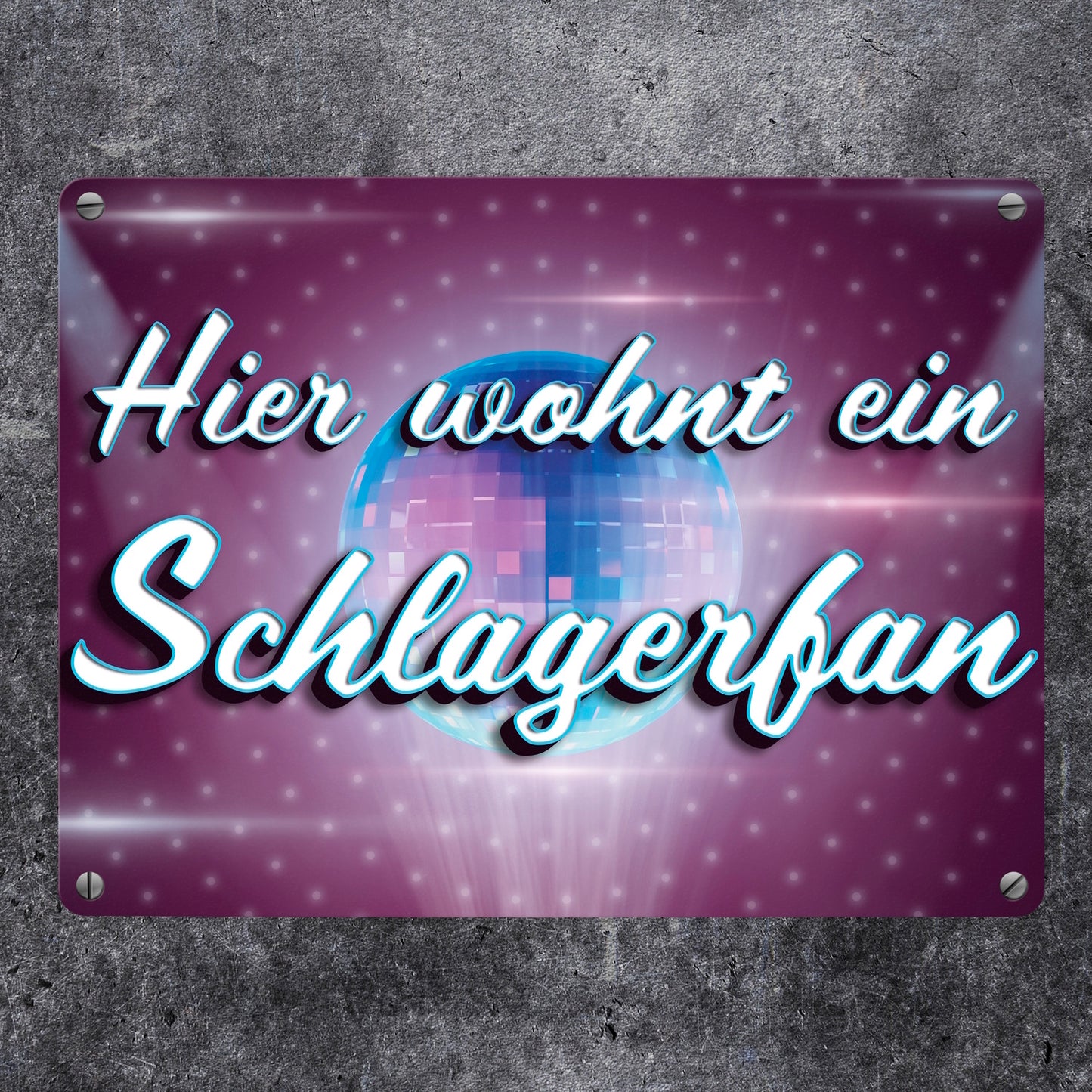 Hier wohnt ein Schlagerfan Metallschild in 15x20 cm mit Discokugel