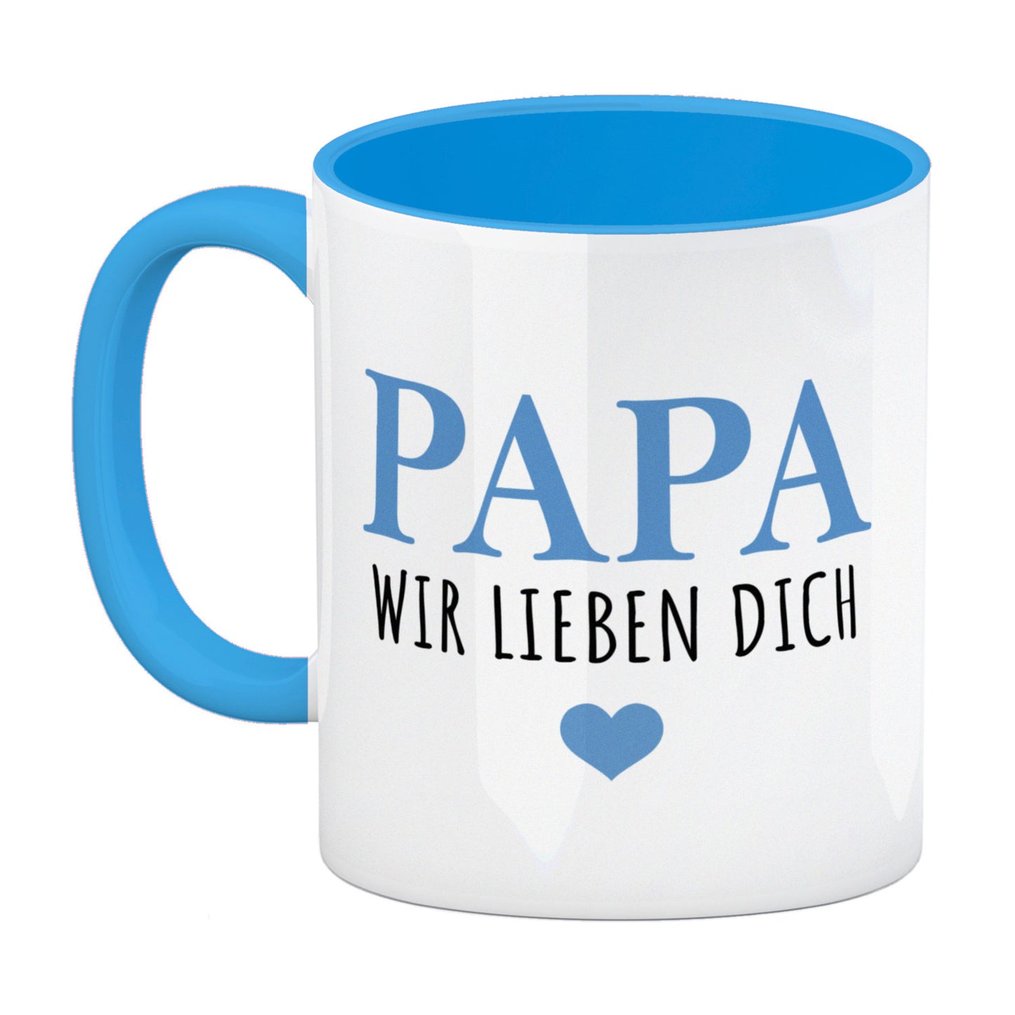 Papa wir lieben dich Kaffeebecher in hellblau in blau mit Herz