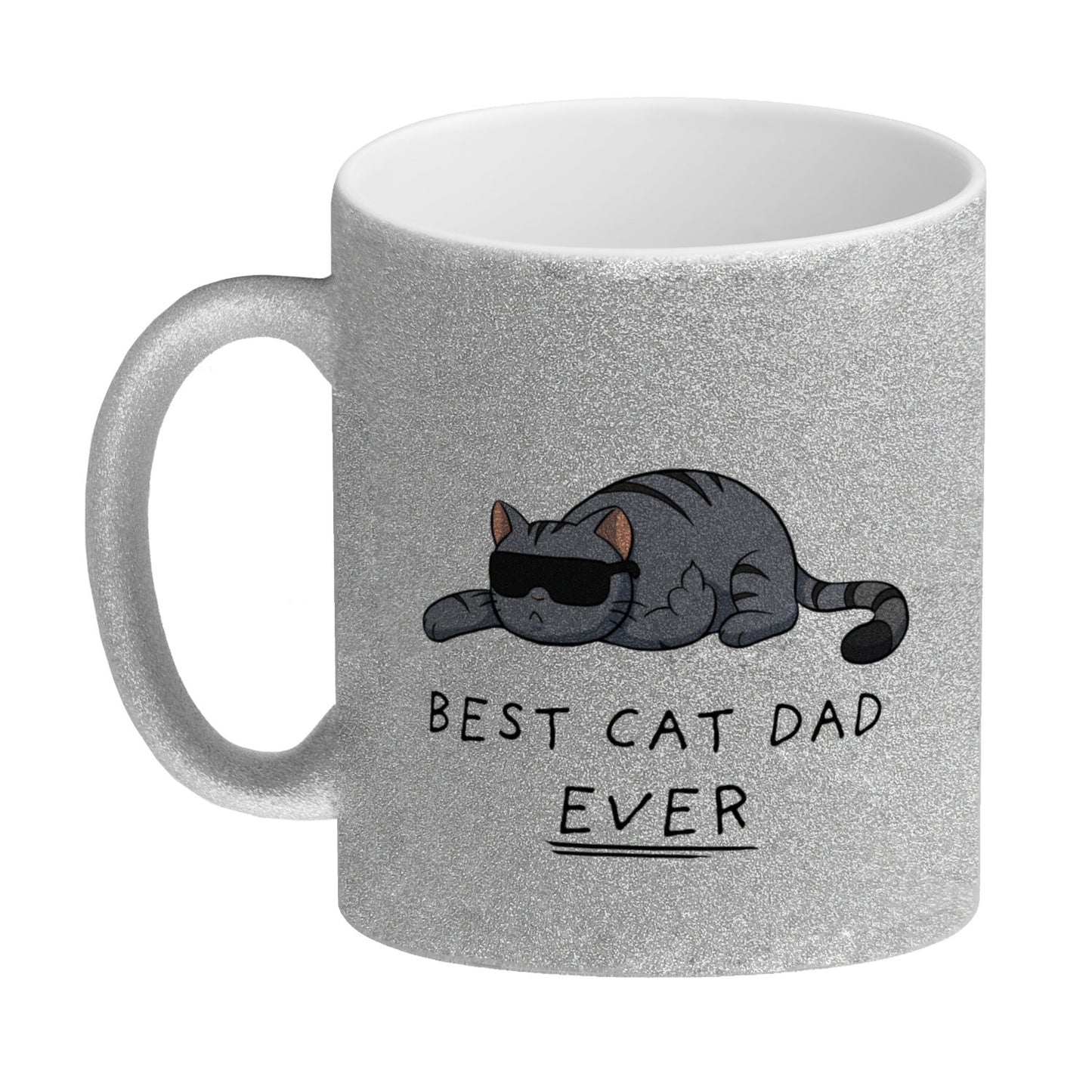 Best cat dad ever. Glitzer-Kaffeebecher Der Kaffeebecher ist ideal für Katzenliebhaber, die das gern auf humoristische Art zeigen. Der Becher ist ideal für zu Hause, aber auch auf der Arbeit oder im Büro. Verschenke den Becher an Männer, Kollegen und Freu