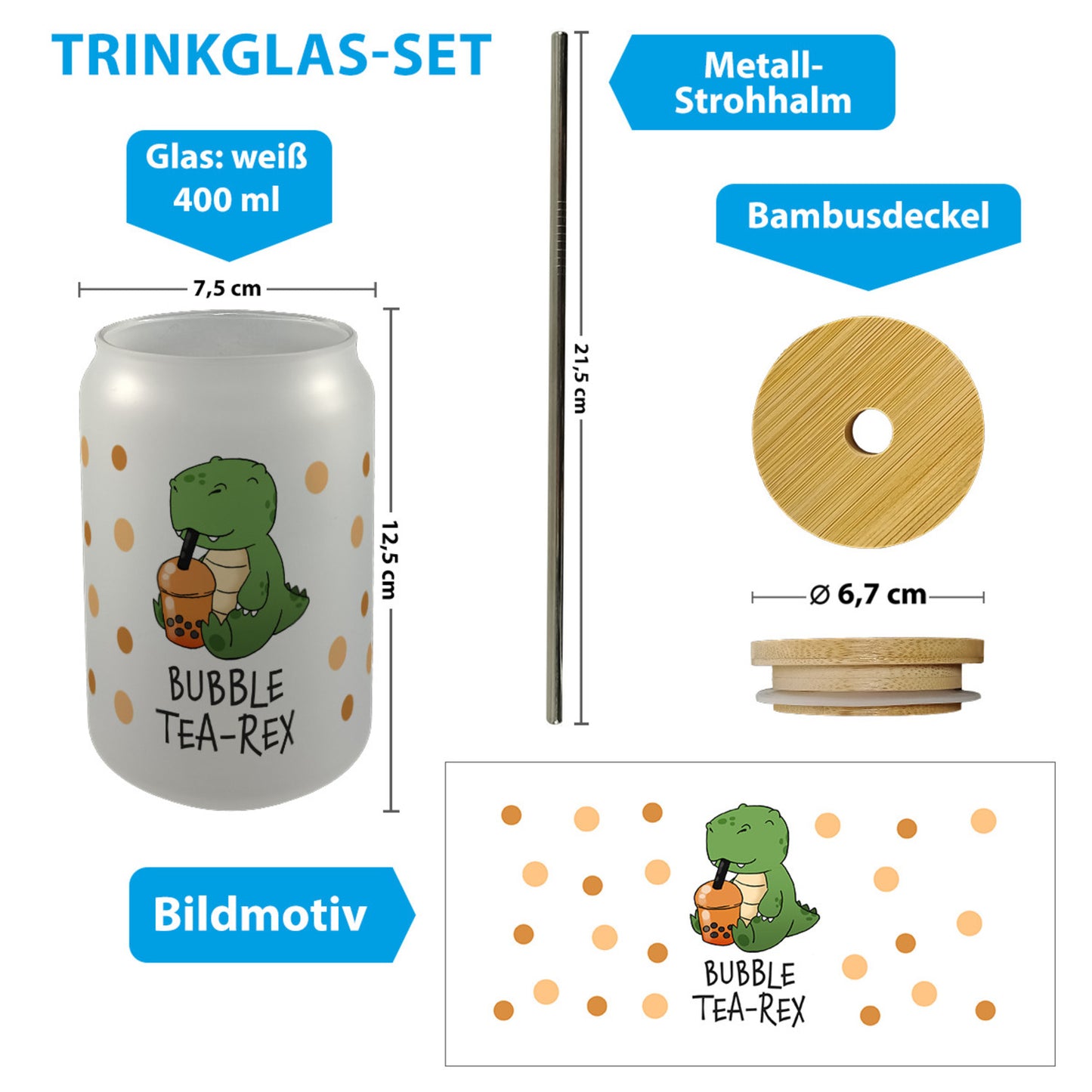 Bubble Tea-Rex Trinkglas mit Bambusdeckel mit T-Rex