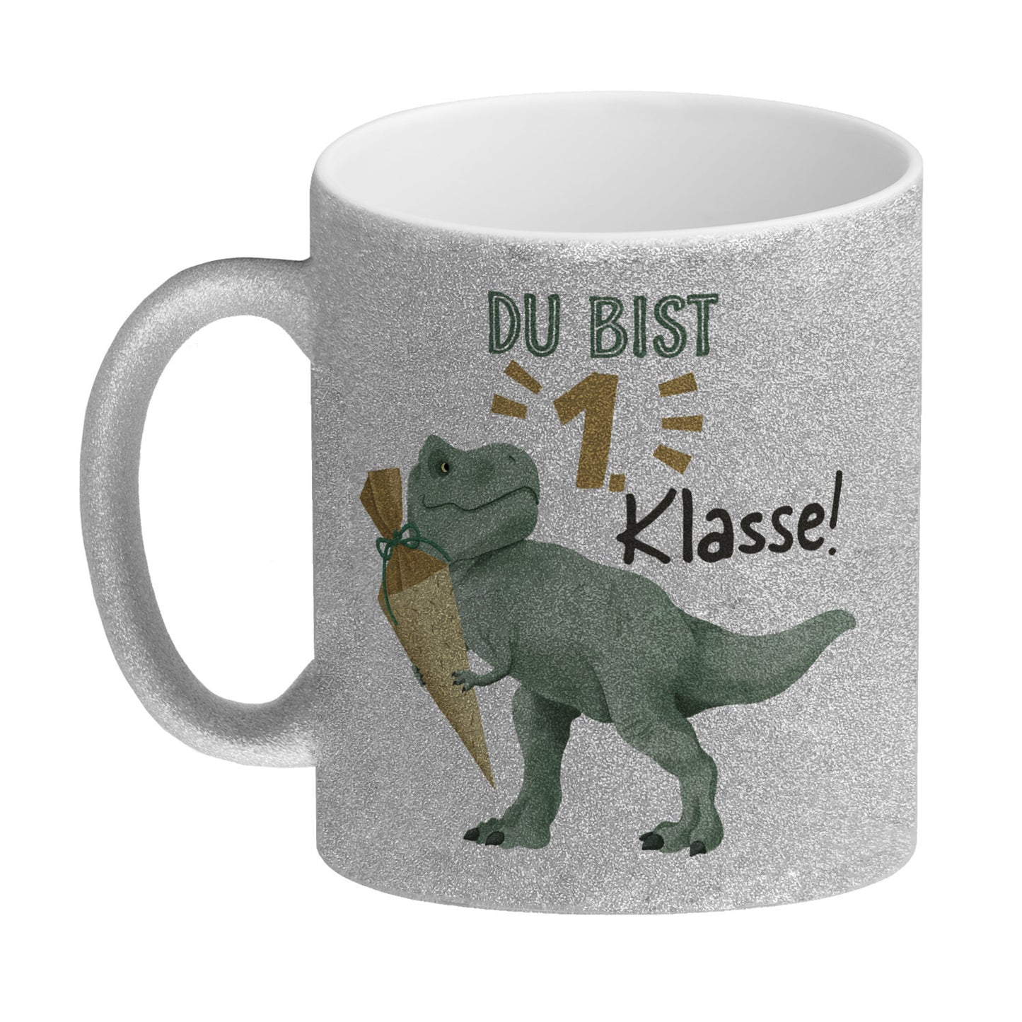 Dino mit Schultüte Glitzer-Kaffeebecher mit Spruch Du bist 1. Klasse!