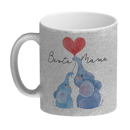 Elefant Mutter und Kind Glitzer-Kaffeebecher mit Spruch Beste Mama