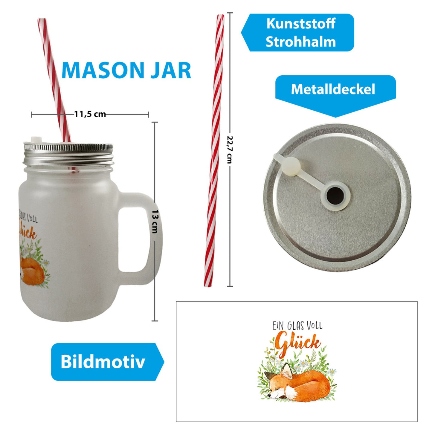 Fuchs Mason Jar Henkel Trinkglas mit Deckel mit Spruch Ein Glas voll Glück