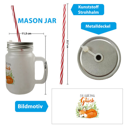 Fuchs Mason Jar Henkel Trinkglas mit Deckel mit Spruch Ein Glas voll Glück