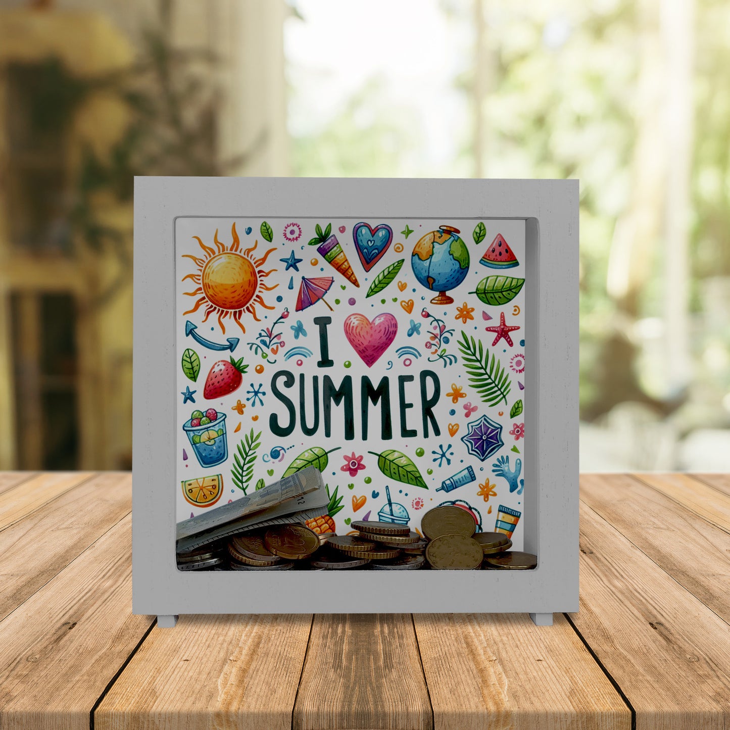 Sommer Rahmen Spardose aus Holz mit Spruch I love summer