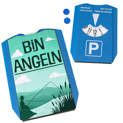 Bin angeln bedruckte Parkscheibe mit Anglermotiv und zwei Einkaufswagenchips