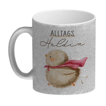 Küken Glitzer-Kaffeebecher mit Spruch Alltagsheldin