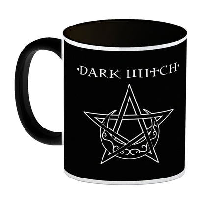 Kaffeebecher Schwarz mit magischen Pentagrammen und Spruch - White Witch - Dark Witch