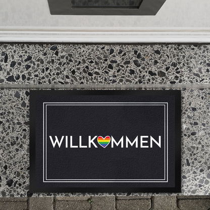 Willkommen Fußmatte XL in 40x60 cm mit buntem Regenbogen-Herz