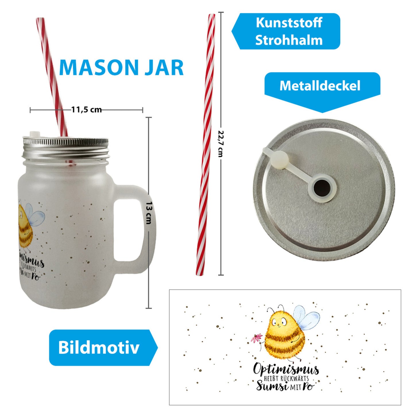 Pummel Biene Mason Jar Henkel Trinkglas mit Deckel mit Spruch Optimismus heißt rückwärts Sumsi mit Po