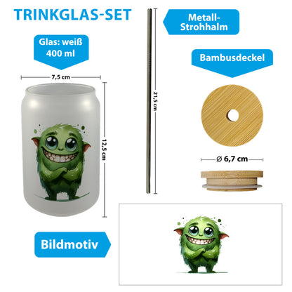 grünes Monster Trinkglas mit Bambusdeckel