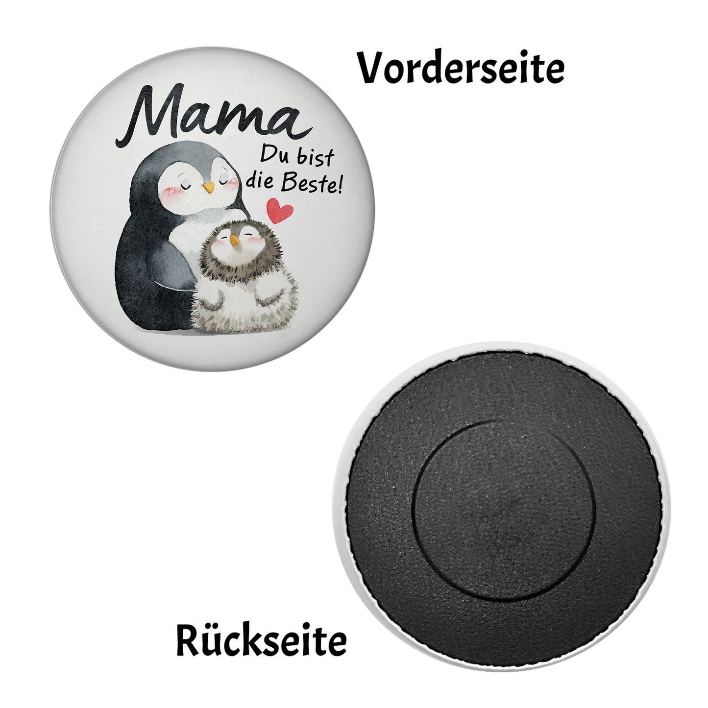 Pinguin Mutter und Kind Magnet rund mit Spruch Mama du bist die Beste