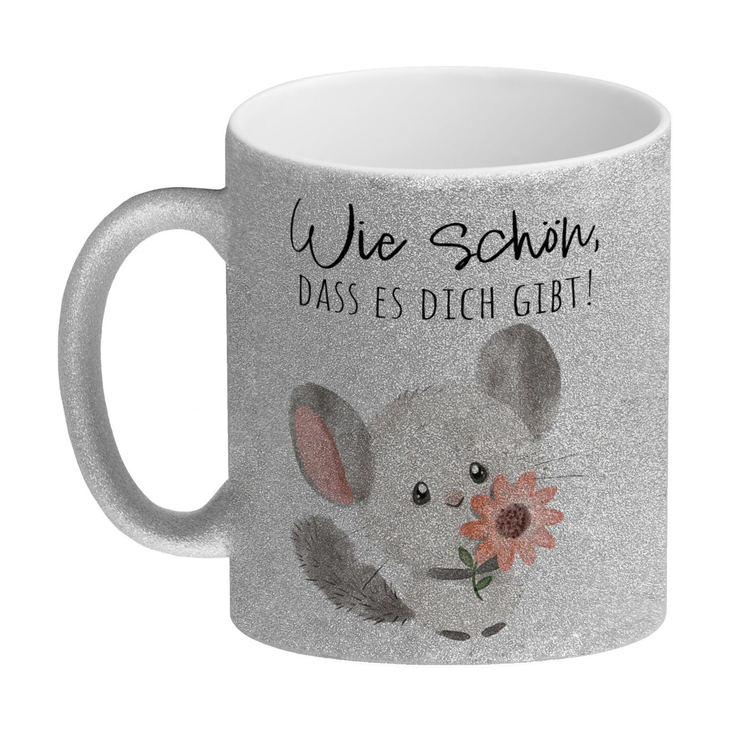 Chinchilla Glitzer-Kaffeebecher mit Spruch Wie schön dass es dich gibt