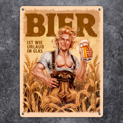 Blonder Mann mit Bier - Urlaub im Glas Metallschild XL in 21x28 cm