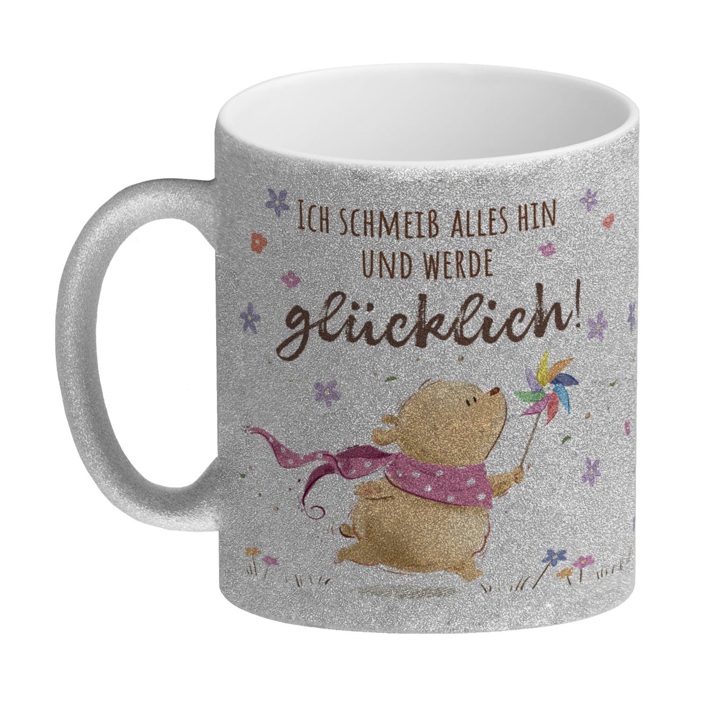 Glücklicher Bär Glitzer-Kaffeebecher mit Spruch Ich schmeiß alles hin