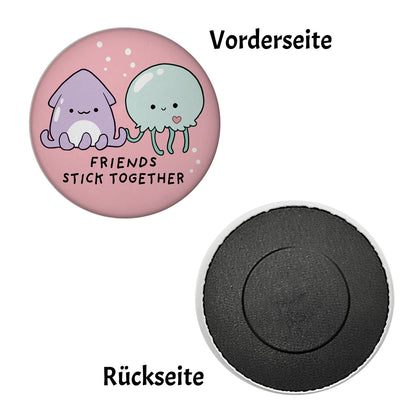 Jelly & Friends Qualle und Tintenfisch Magnet rund mit Spruch Friends stick together