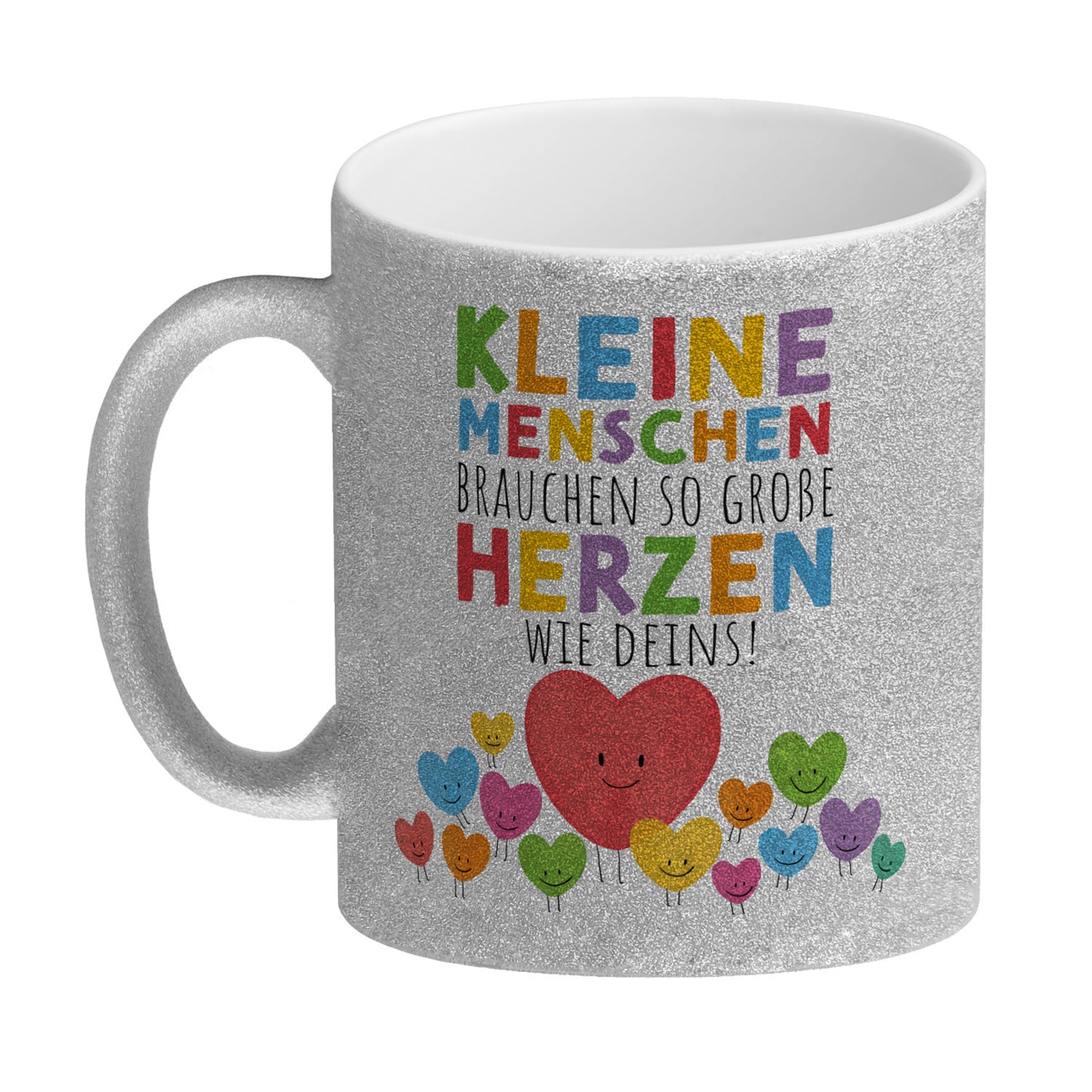 Herzen Glitzer-Kaffeebecher mit Spruch Große Herzen für kleine Menschen