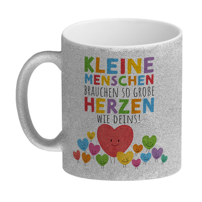 Herzen Glitzer-Kaffeebecher mit Spruch Große Herzen für kleine Menschen