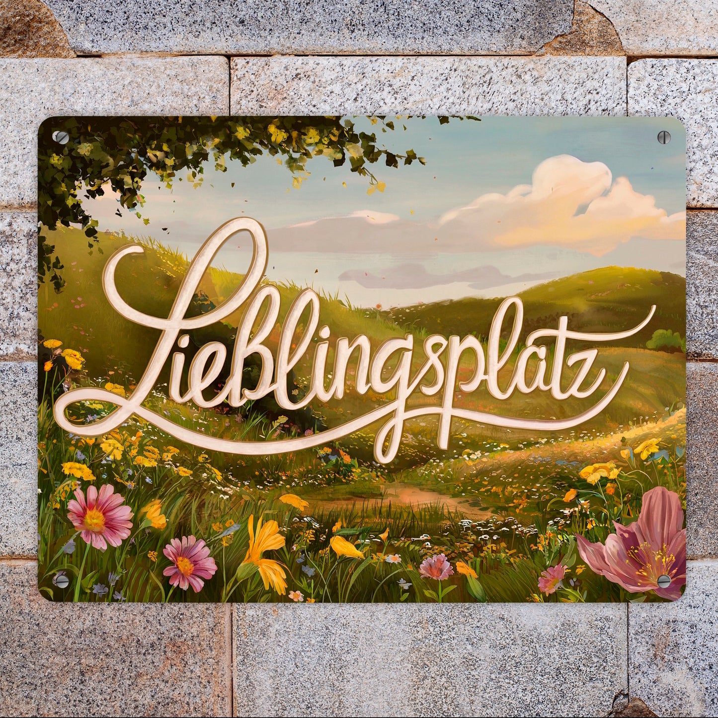 Lieblingsplatz Metallschild XL in 21x28 cm mit Blumenwiese